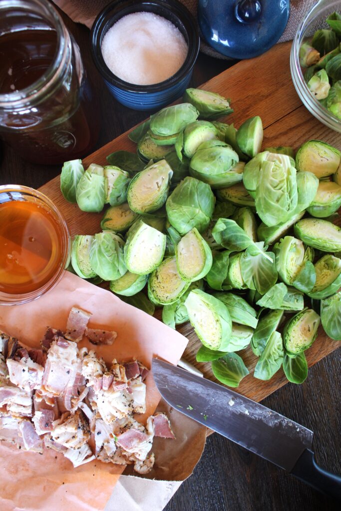 Pepper bacon, pure Vermont maple syrup and brussels sprouts are roasted and sprinkled with flaky sea salt