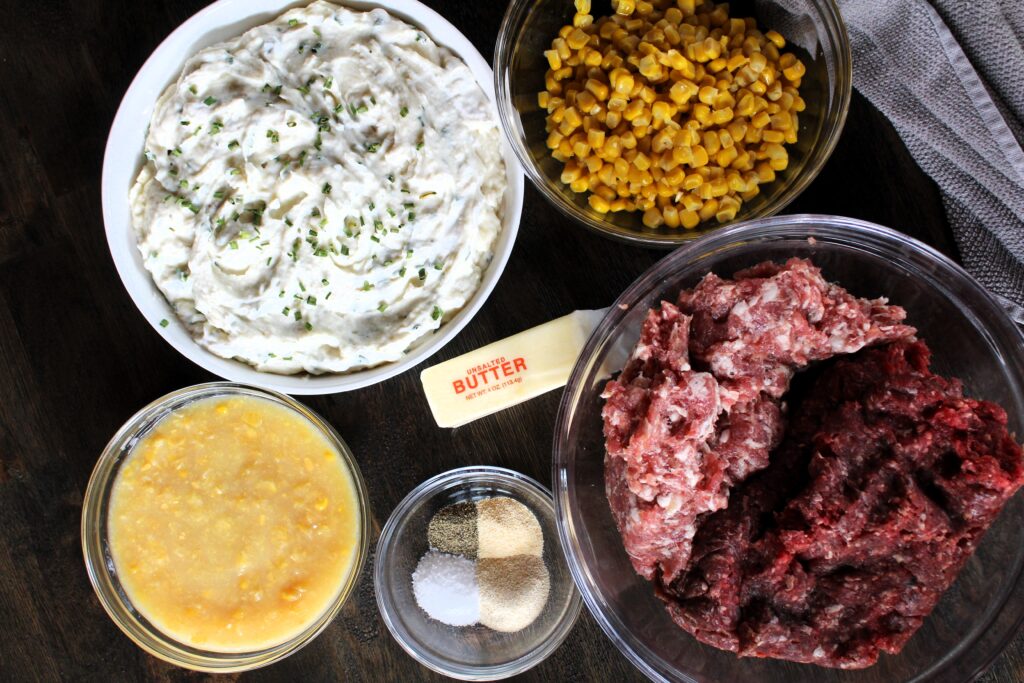 Chive Mashed Potatoes, Whole kernel corn, creamed corn, unsalted butter, seasonings, ground italian sausage and ground beef are the simple ingredients needed for shepherd's pie.