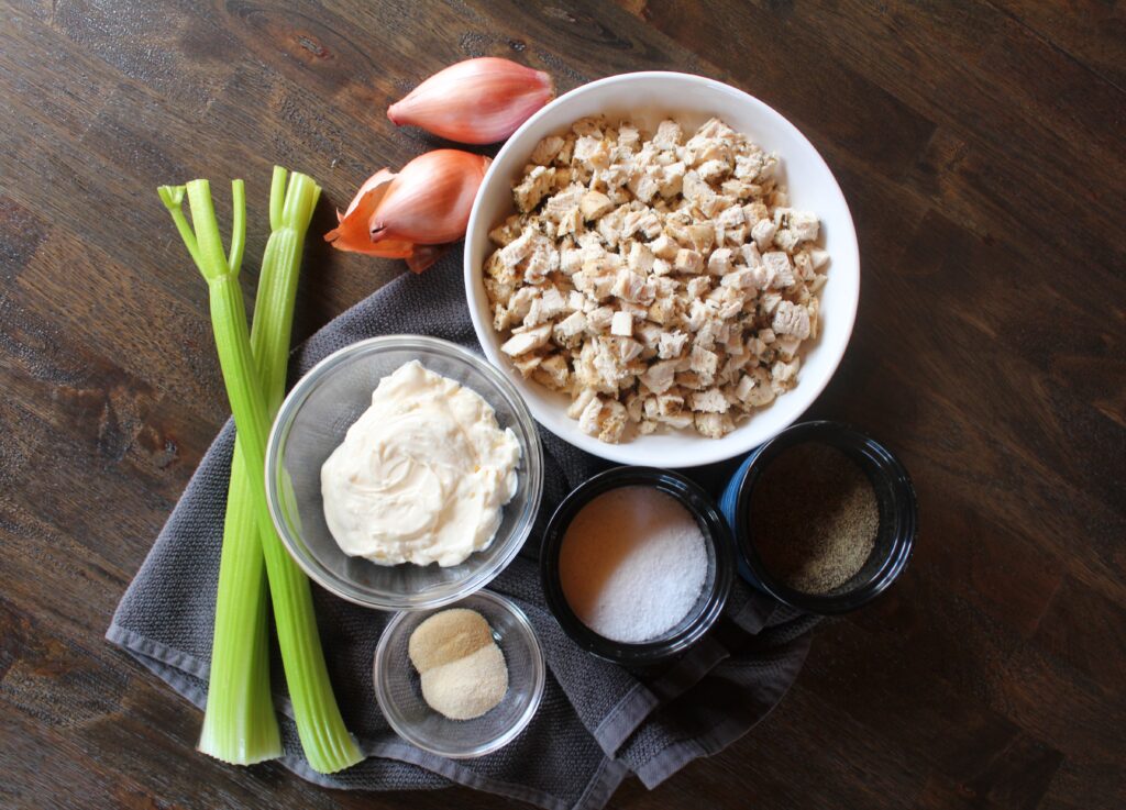 Ingredients for my favorite chicken salad are laid out before being combined for a delicious lunch.