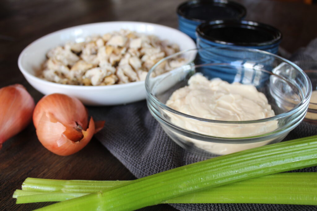 Up close side view of the ingredients for my favorite chicken salad