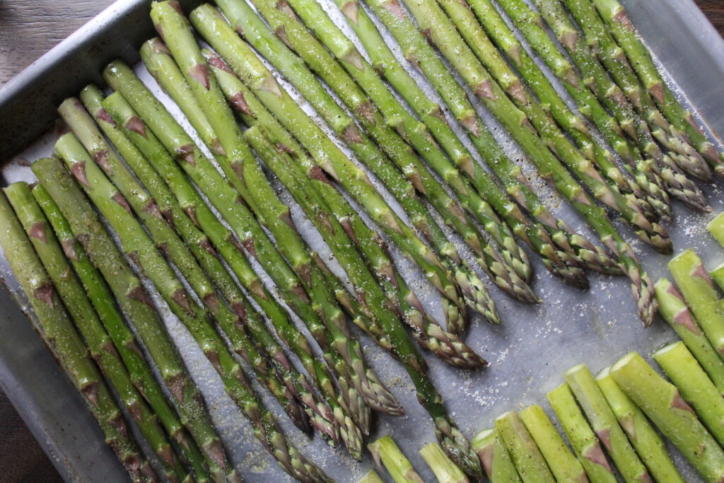 Quick and delicious roasted asparagus close up before being roasted in the oven