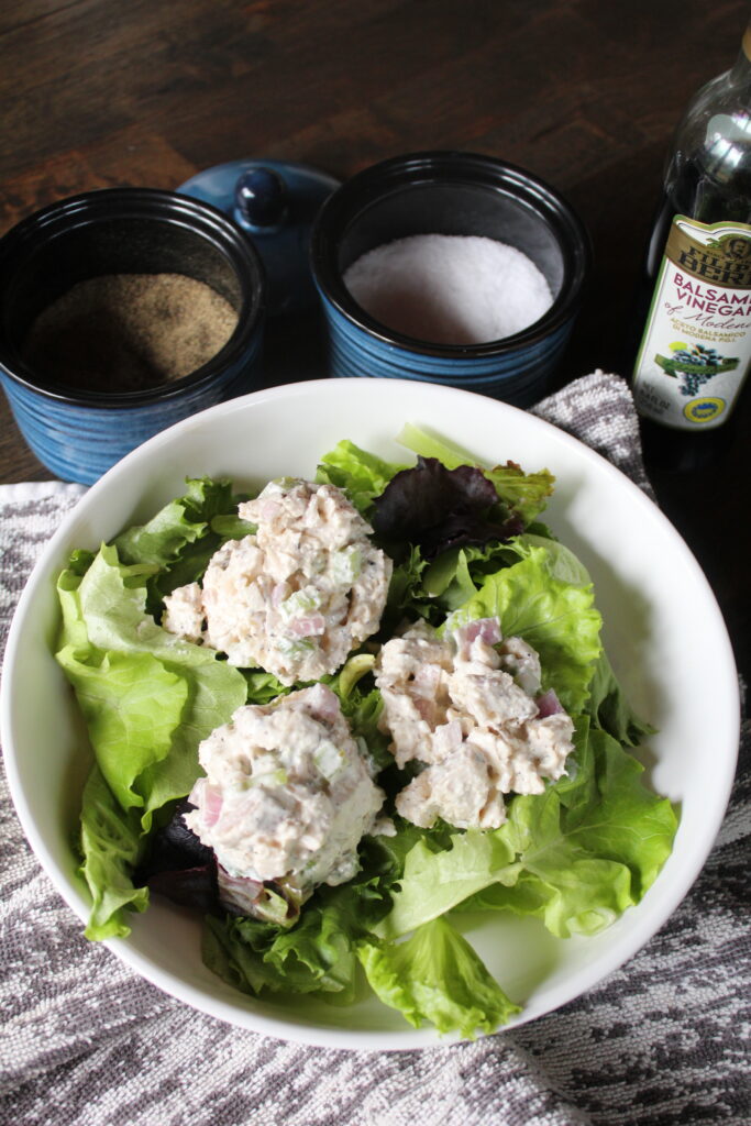 My favorite chicken salad recipe is so wonderful and tasty over a simple bed of lettuce, drizzled with balsamic vinegar