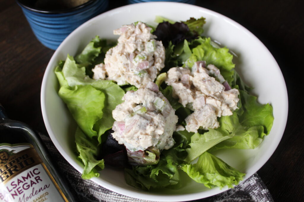 My favorite chicken salad recipe on a bed of lettuce