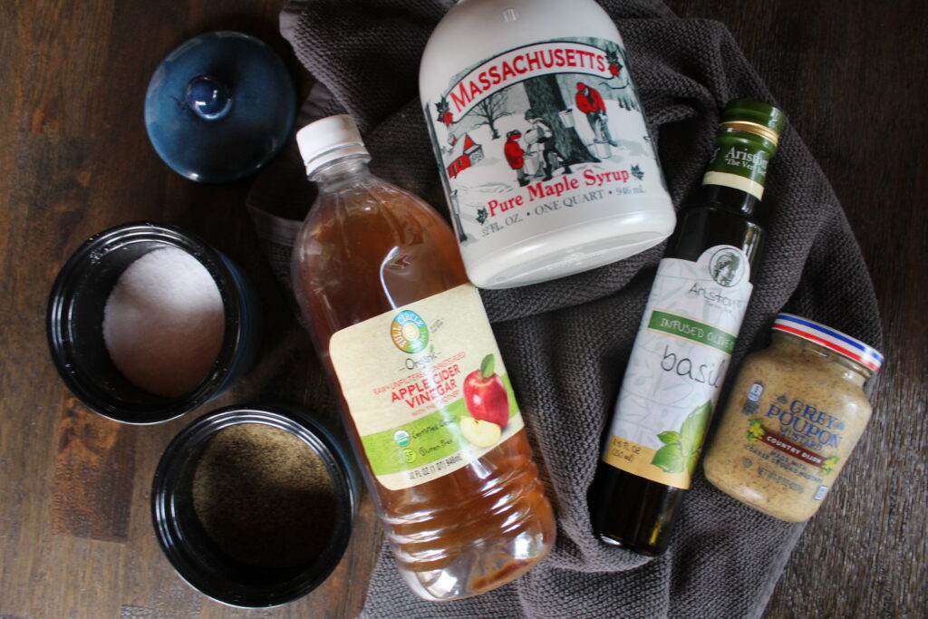 Simple ingredients for 5 minute Maple Dijon Basil Vinaigrette